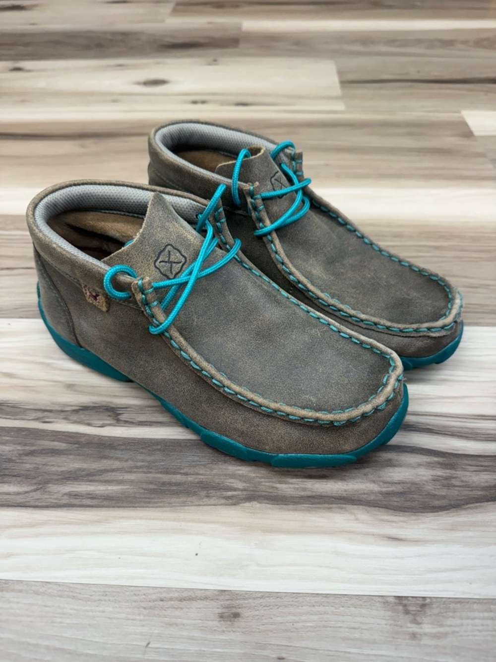 Twisted X Tan Suede Moccasin with Teal Accents